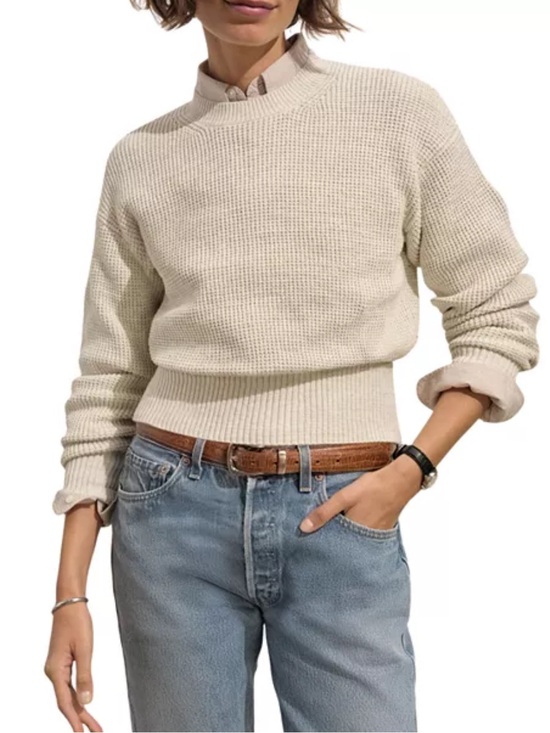 Buck Mason Sweaters - Buck Mason Cotton Cropped Waffle Knit Crewneck Sweater - Cream. Size XS